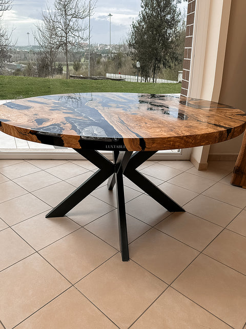 Blue-black epoxy resin table in olive wood, custom size Lagoon