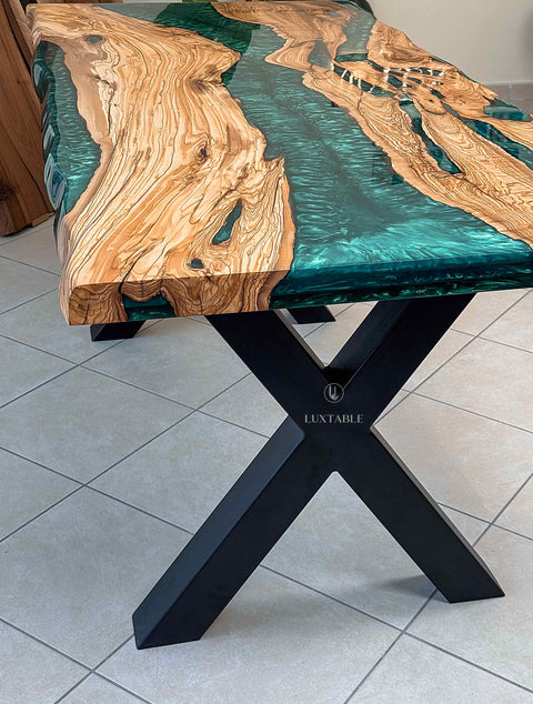 Live edge green epoxy table in olive wood, custom size Amazzonia