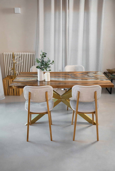 Epoxidharz Tisch Alma aus Nussbaum mit klarem Harz mit Weiß und Gold