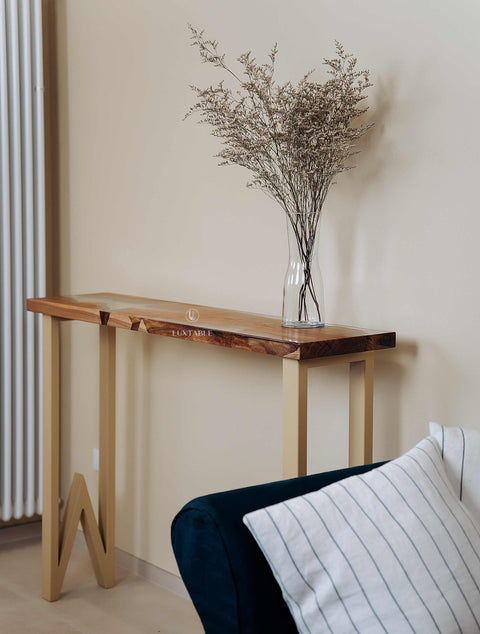 Custom wood console table with clear epoxy 140x30cm Luciolla