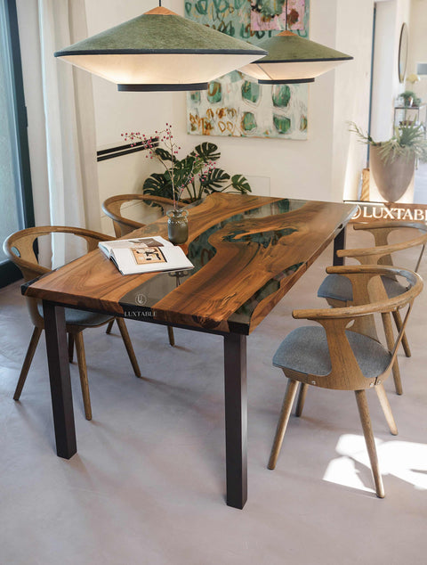 Epoxy dining table in walnut and smoke gray resin, custom size Wild Red