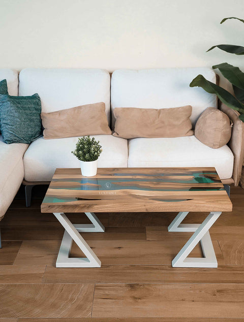 Walnut wood coffee table with blue-green epoxy, custom size Sorrento