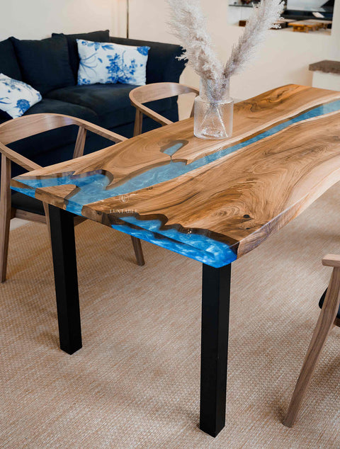 Blue epoxy resin dining table in walnut wood, custom size Capri