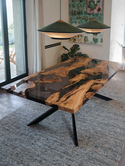 Epoxy resin table in smoke gray resin and olive wood, custom size Enigma