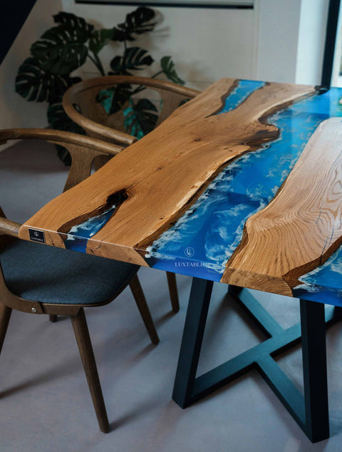 Oak resin table with blue-white epoxy, custom size Gemma