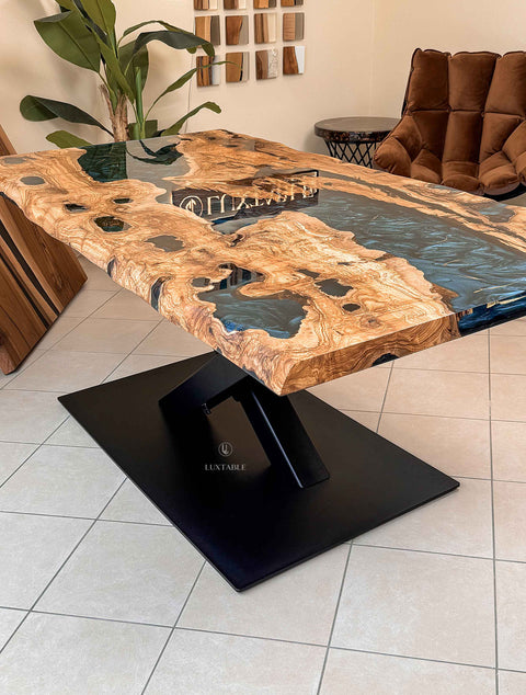 Epoxy olive wood table with gray-gold resin, custom size Sapphire
