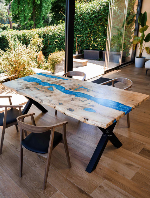 River Tisch Costa Azzurra aus Pappel massiv mit hellblauem Epoxidharz