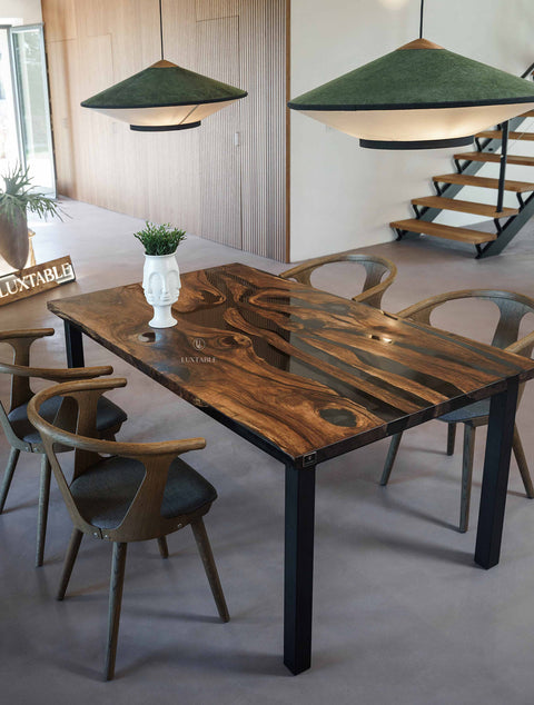 Epoxy table in walnut wood and smoke gray resin, cusom size Eclipse