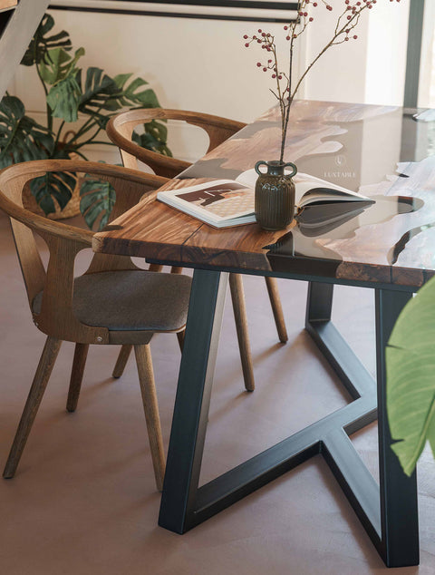 Epoxy dining table in walnut wood and smoke gray resin, various sizes Forest