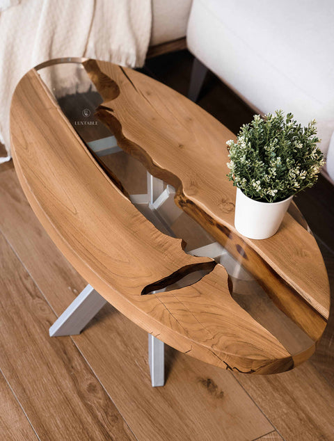 Custom acacia wood and clear resin coffee table, custom size Incanto