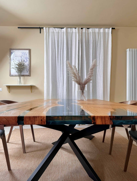 Oak wood table with blue and gold epoxy, custom size Mirabella