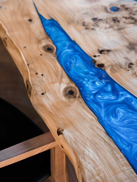 Poplar wood with blue epoxy resin table, custom size Costa Azzurra