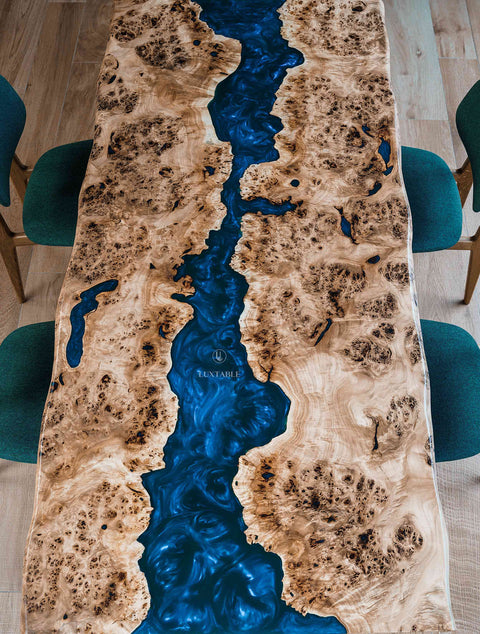 Poplar wood epoxy dining table turquoise resin, custom size Ticino