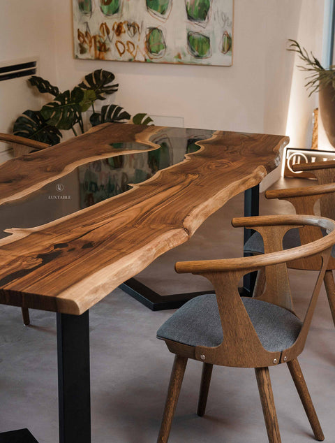 Live edge epoxy table in walnut wood and smoke gray resin, custom size Calliope