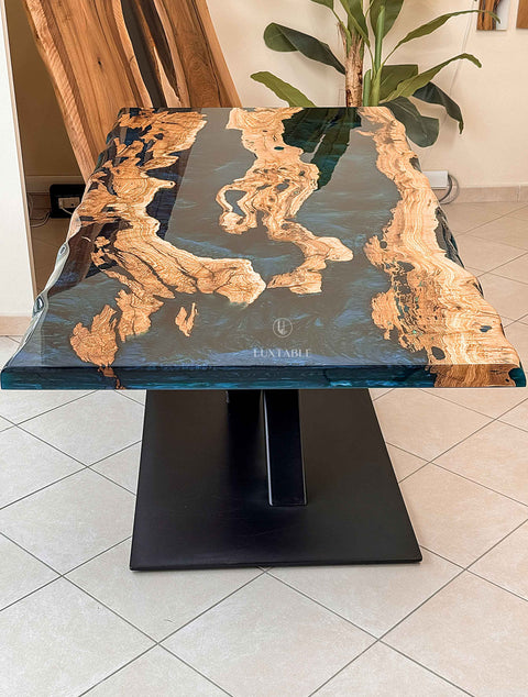 Custom olive wood and turquoise resin table 180x90cm Camaleonte