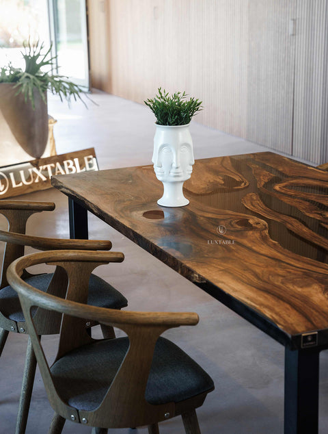 Epoxy table in walnut wood and smoke gray resin, cusom size Eclipse