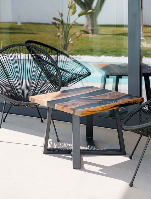 Custom walnut wood and smoke gray resin coffee table, various sizes Monet