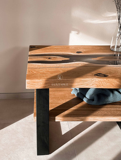 Smoke gray epoxy coffee table in solid oak 85x70cm Senna