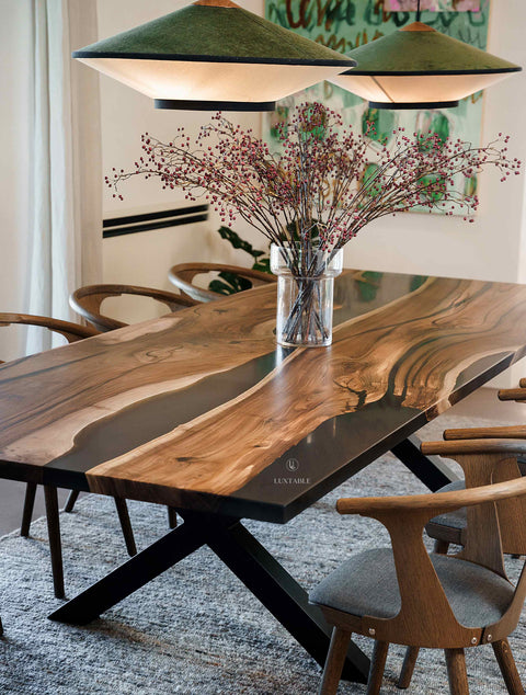 Epoxy river table in walnut wood and smoke gray resin, custom size Marlene