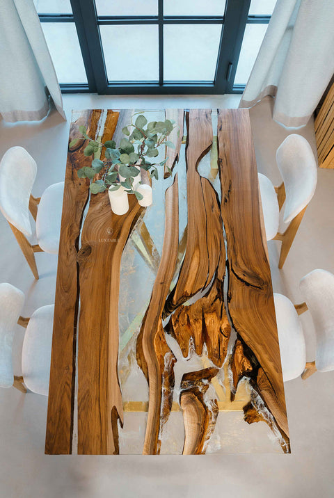 Epoxidharz Tisch Alma aus Nussbaum mit klarem Harz mit Weiß und Gold