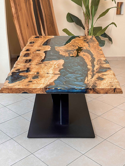 Epoxy olive wood table with gray-gold resin, custom size Sapphire