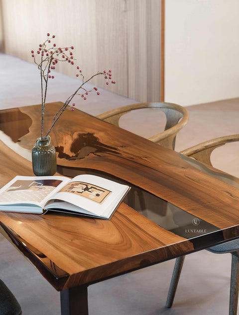 Epoxy dining table in walnut and smoke gray resin, custom size Wild Red
