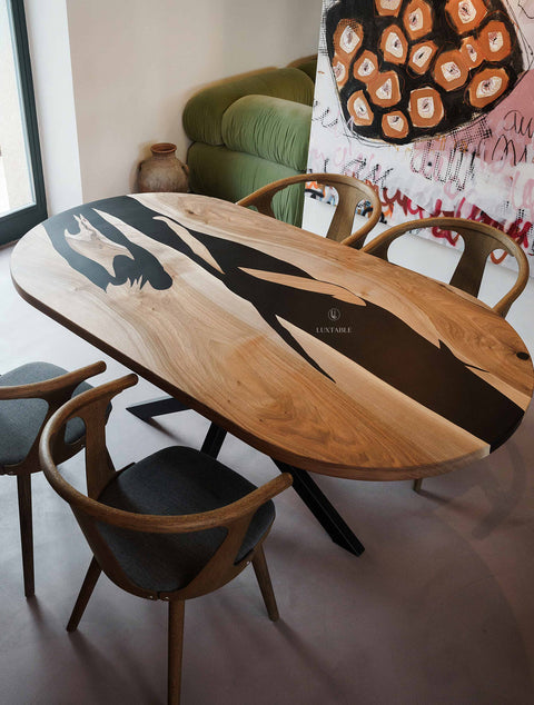 Solid walnut wood epoxy table with black resin, custom size Saphira