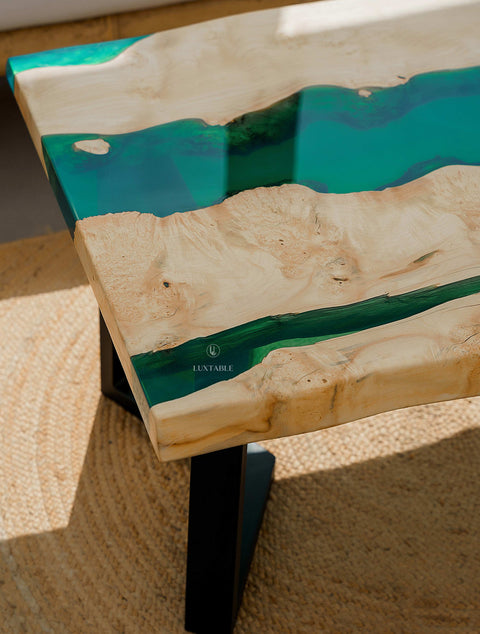 Solid ash wood coffee table with green epoxy, custom size Oasi