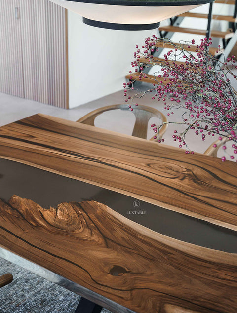 Epoxy river table in walnut wood and smoke gray resin, custom size Marlene