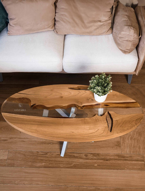 Custom acacia wood and clear resin coffee table, custom size Incanto