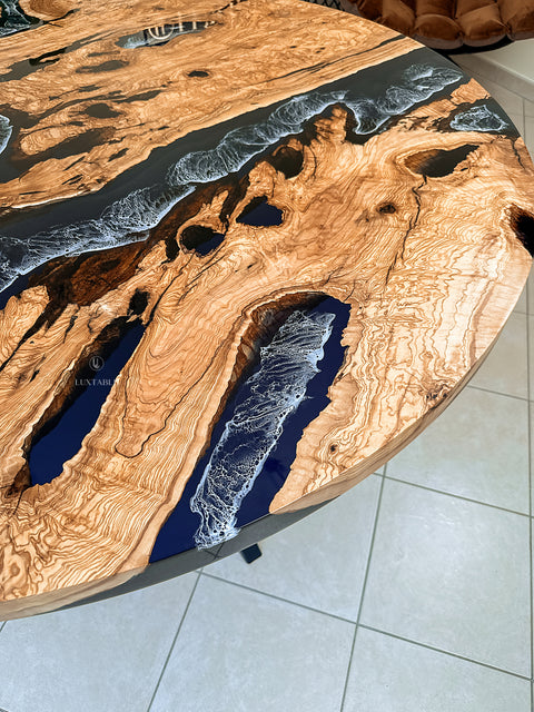Blue-black epoxy resin table in olive wood, custom size Lagoon