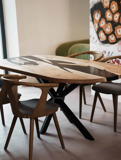 Solid walnut wood epoxy table with black resin, custom size Saphira