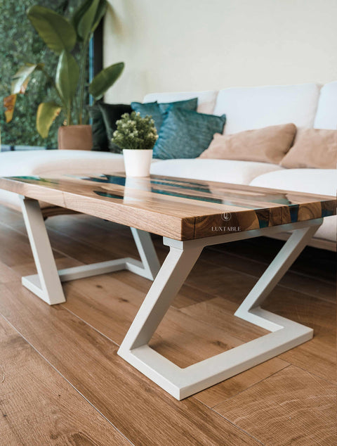 Walnut wood coffee table with blue-green epoxy, custom size Sorrento