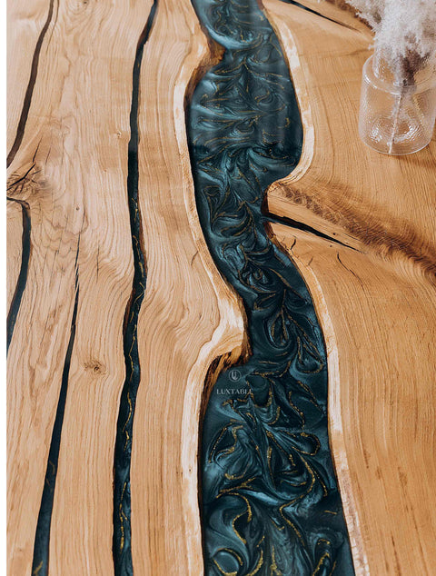 Oak wood table with blue and gold epoxy, custom size Mirabella
