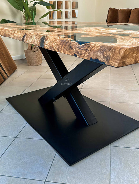 Epoxy olive wood table with gray-gold resin, custom size Sapphire