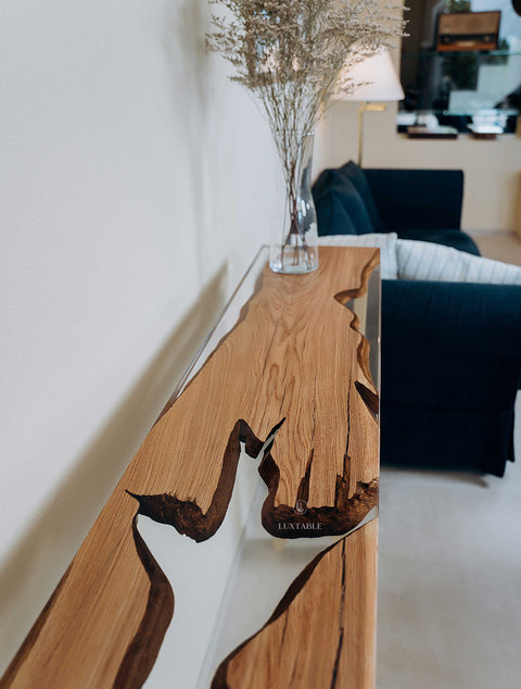 Custom wood console table with clear epoxy 140x30cm Luciolla