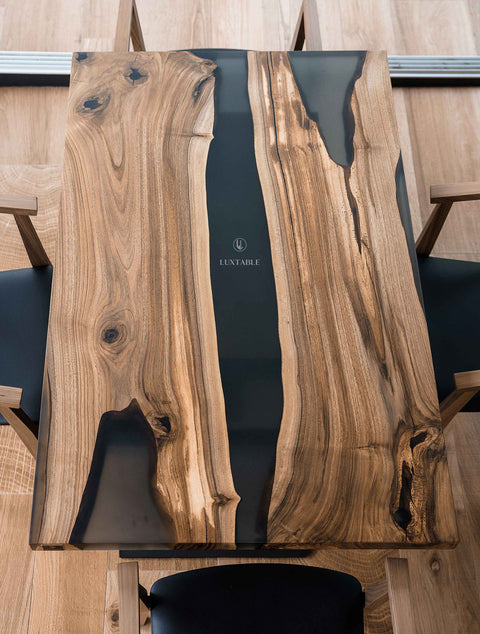 Smoke gray epoxy resin dining table in walnut wood 130x80 cm Mirage