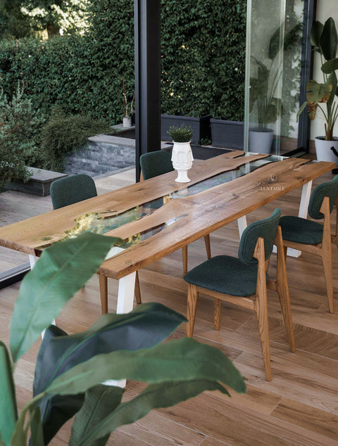 Solid oak resin table with clear epoxy, custom size Marbella