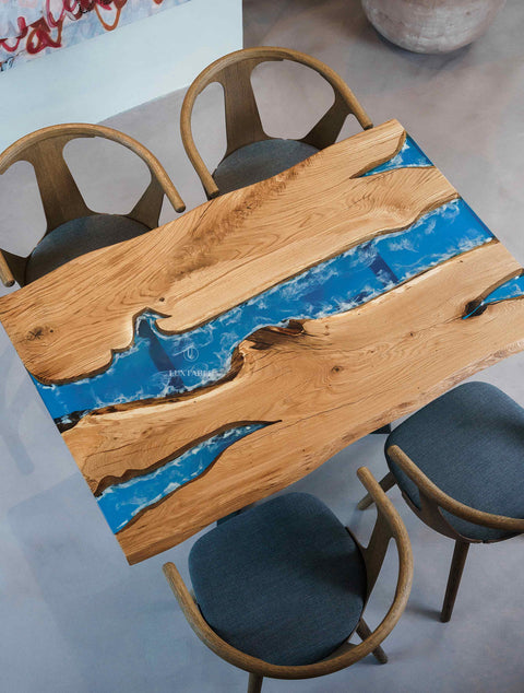 Oak resin table with blue-white epoxy, custom size Gemma