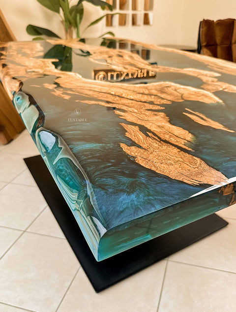 Custom olive wood and turquoise resin table 180x90cm Camaleonte
