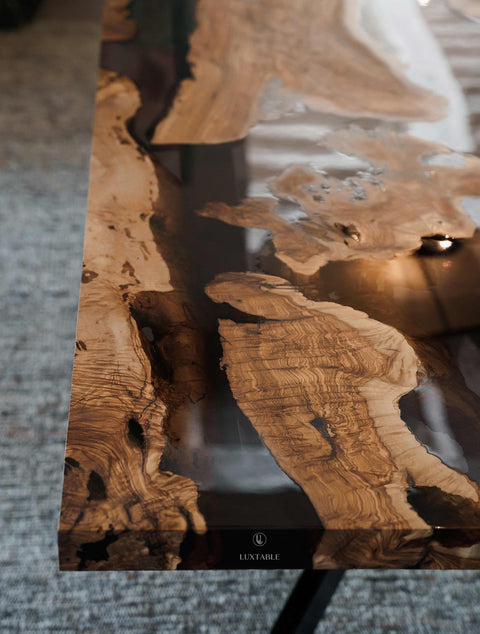 Epoxy resin table in smoke gray resin and olive wood, custom size Enigma