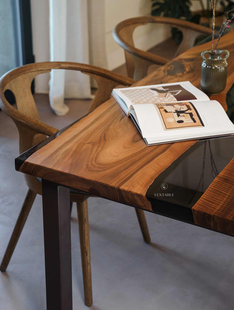 Epoxy dining table in walnut and smoke gray resin, custom size Wild Red