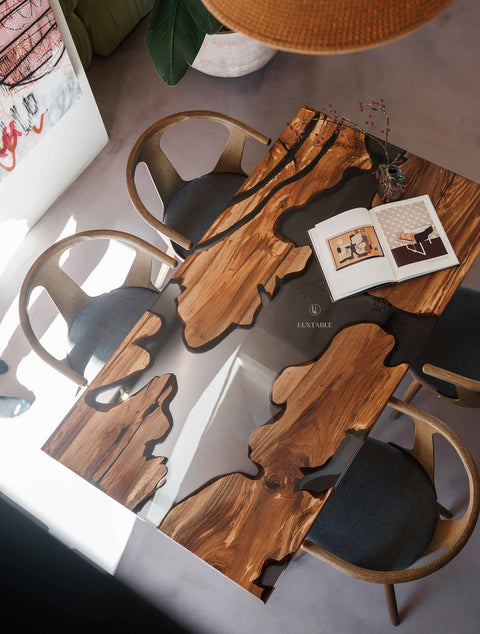 Epoxy dining table in walnut wood and smoke gray resin, various sizes Forest