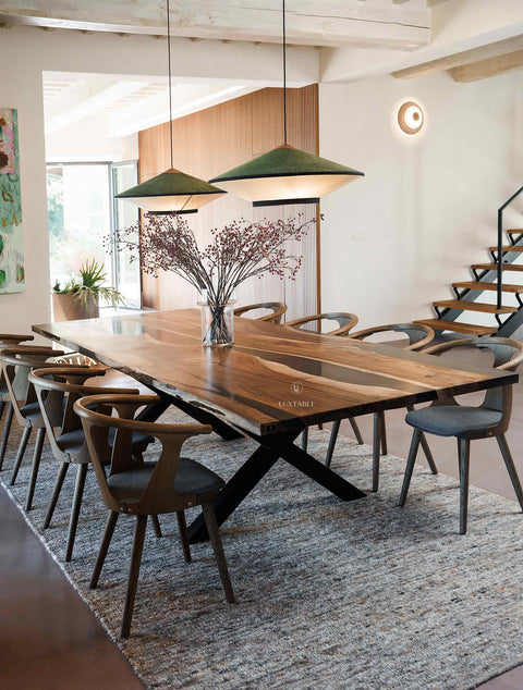 Epoxy river table in walnut wood and smoke gray resin, custom size Marlene