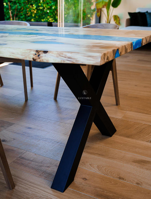 Poplar wood with blue epoxy resin table, custom size Costa Azzurra