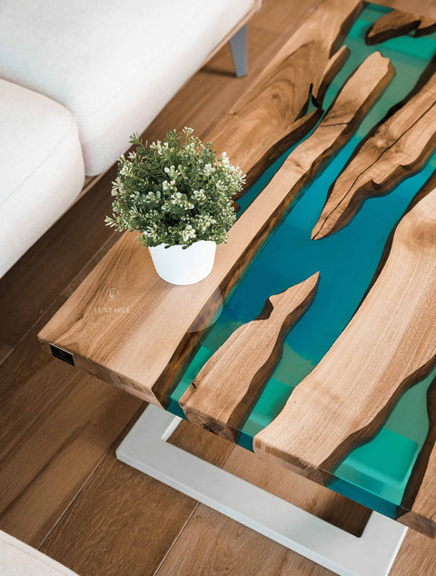 Walnut wood coffee table with blue-green epoxy, custom size Sorrento