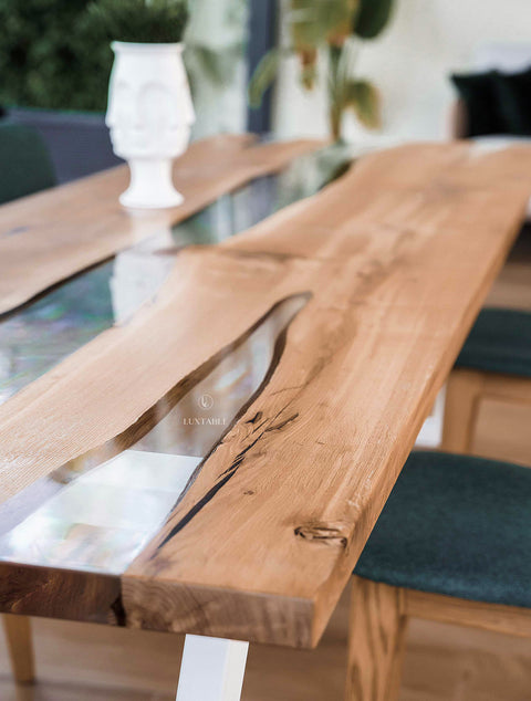 Solid oak resin table with clear epoxy, custom size Marbella