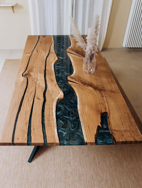 Oak wood table with blue and gold epoxy, custom size Mirabella