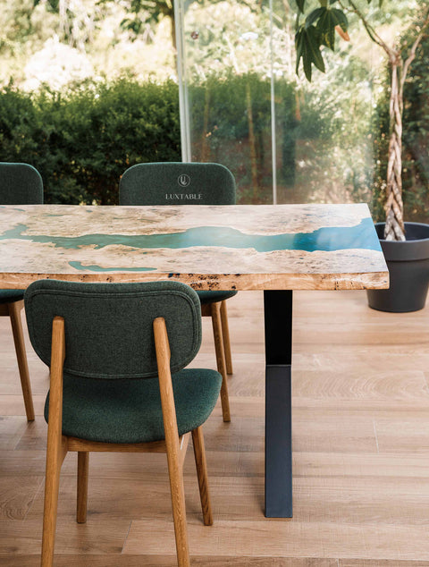 Poplar wood epoxy dining table turquoise resin, custom size Ticino