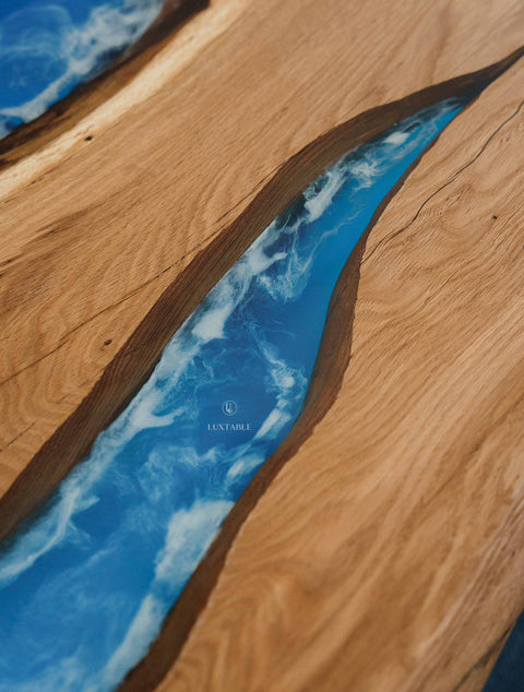 Oak resin table with blue-white epoxy, custom size Gemma